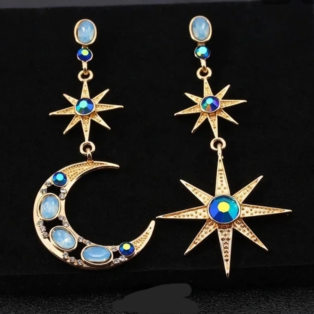 Moon and Star Drop Earrings Blue Rhinestones Gold Tone - Picture 6 of 11